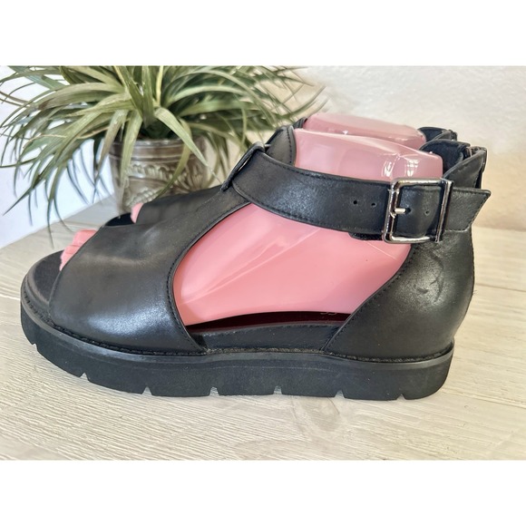 Sovella Black Leather Sandals Women Size 37/7 Arch Support Lucky Feet Platform - Picture 3 of 8